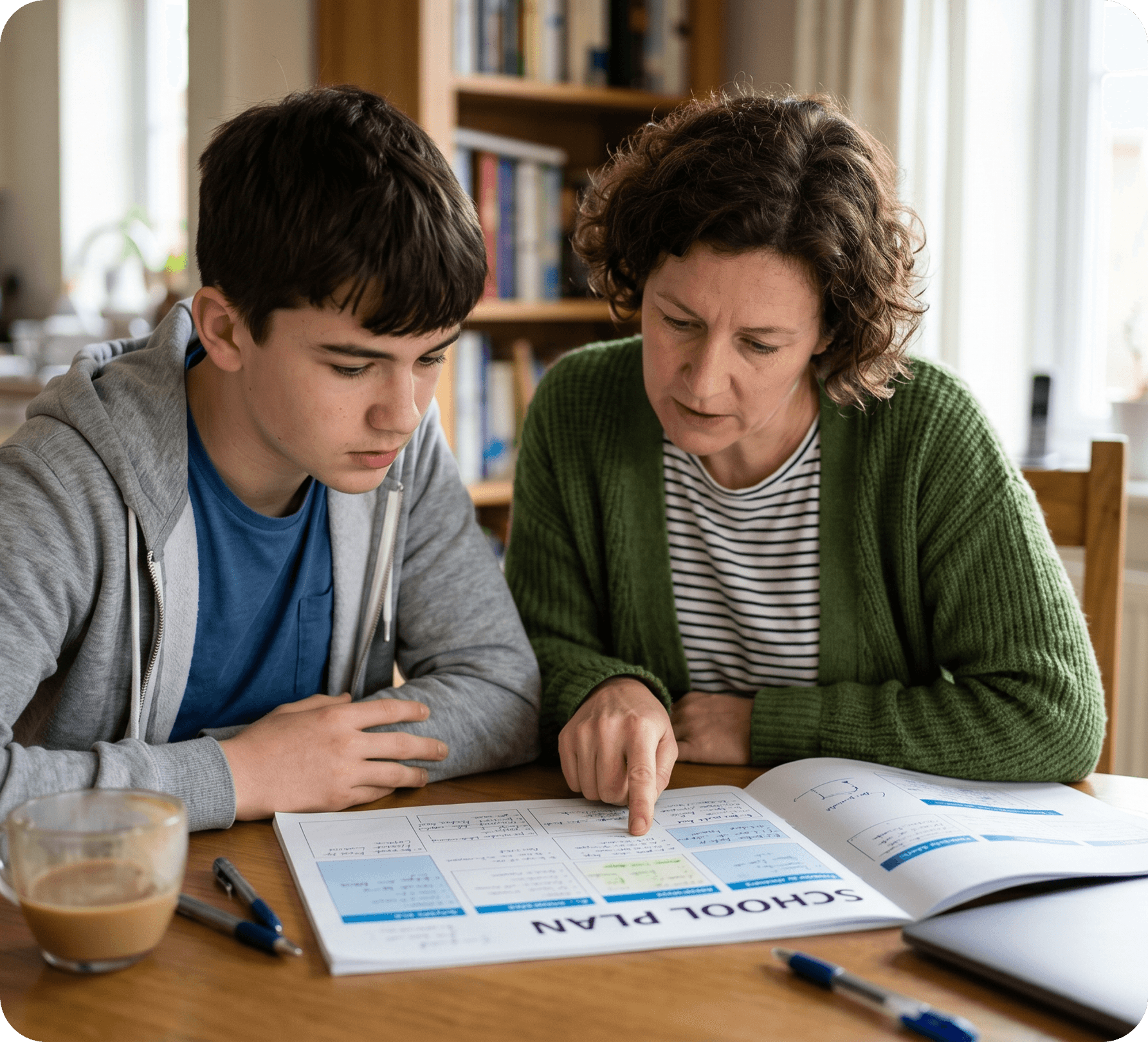 A mother helping her teenage son review a school plan at the kitchen table