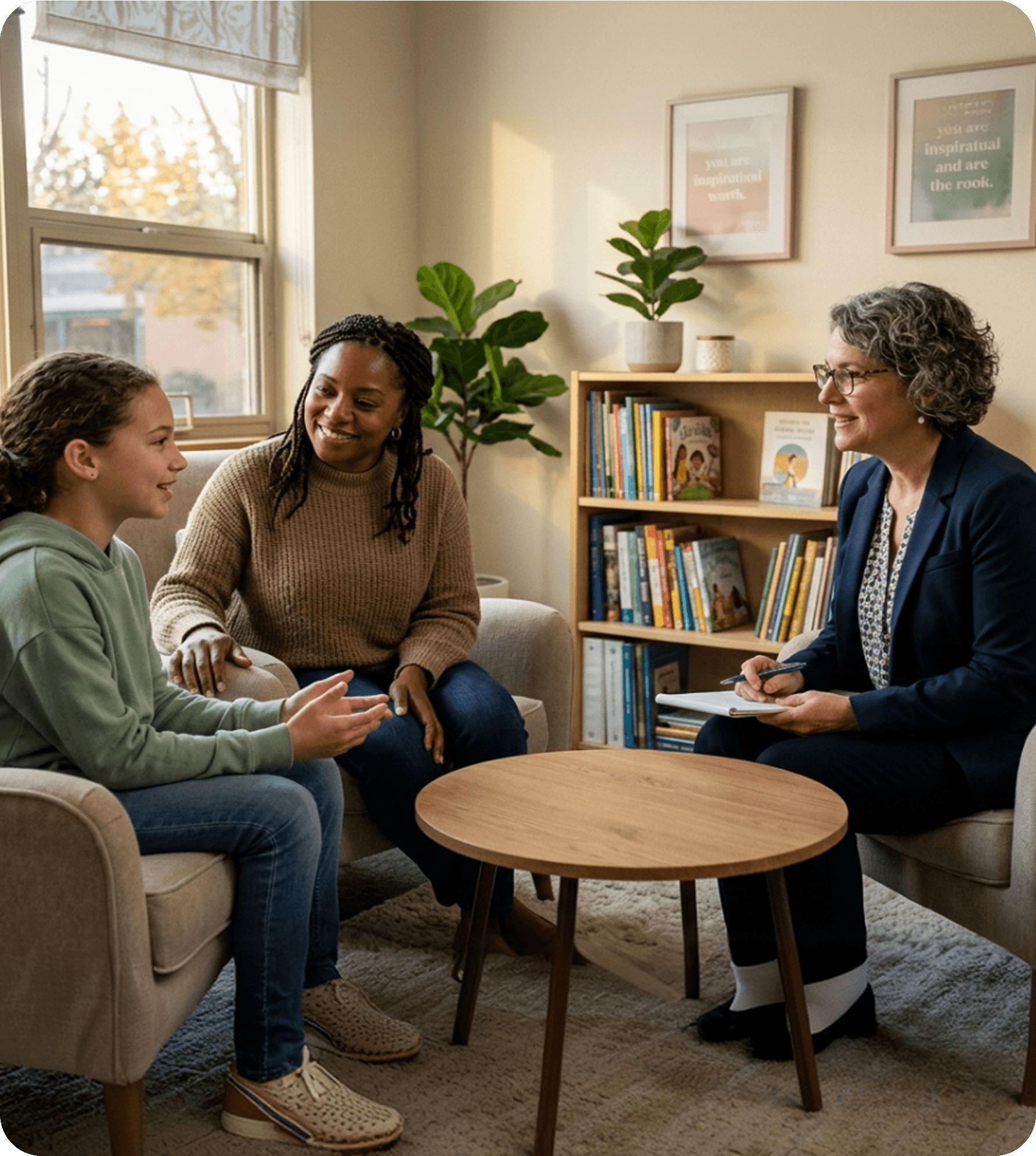 A counselor speaking with a student and parent